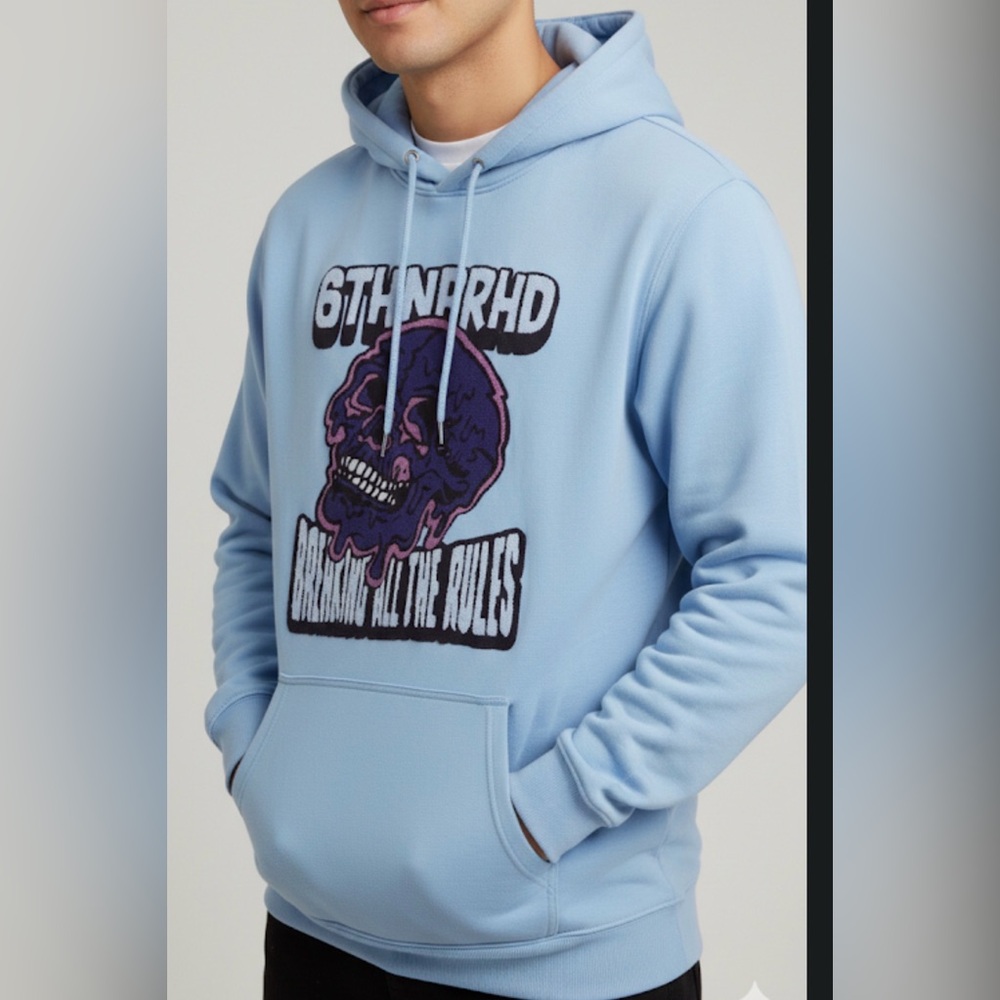 6th NBRHD"Broken Rules"Blue Hoodie with Graphic Skull Embroidery Design L Sku 2